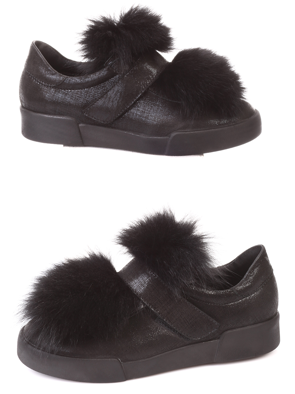 Дамски обувки от естествена кожа, с естествен косъм 3AB-181030 black