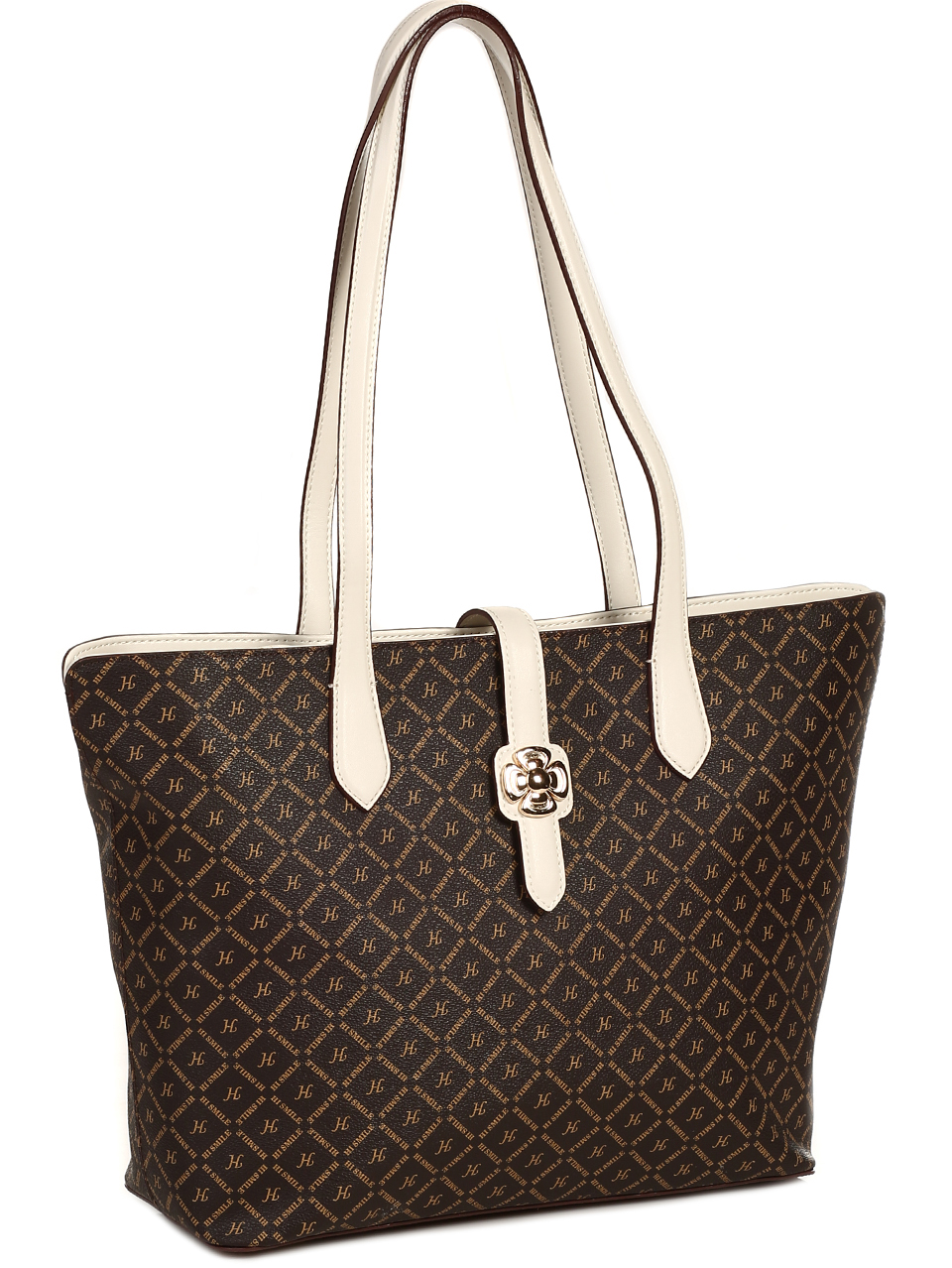 Ежедневна голяма дамска чанта от естествена кожа L20377 brown/white