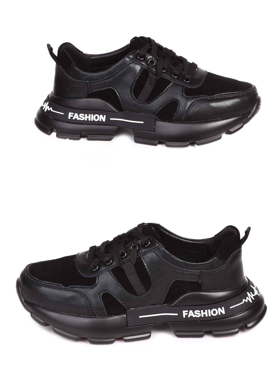 Ежедневни дамски обувки от естествена кожа и велур в черно  3AF-23181 black