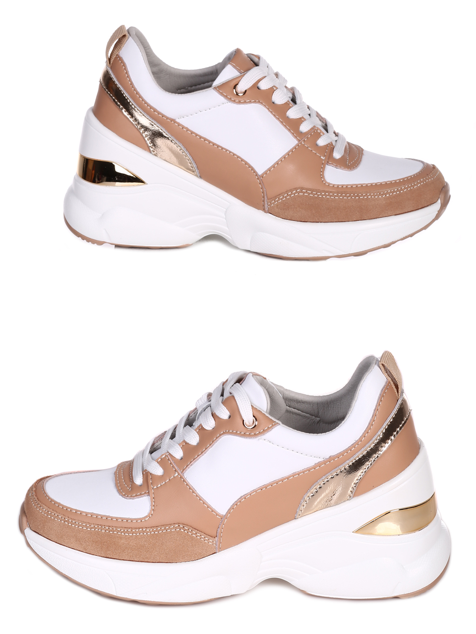 Ежедневни дамски обувки на платформа от естествена кожа и велур 3AF-23183 white/beige
