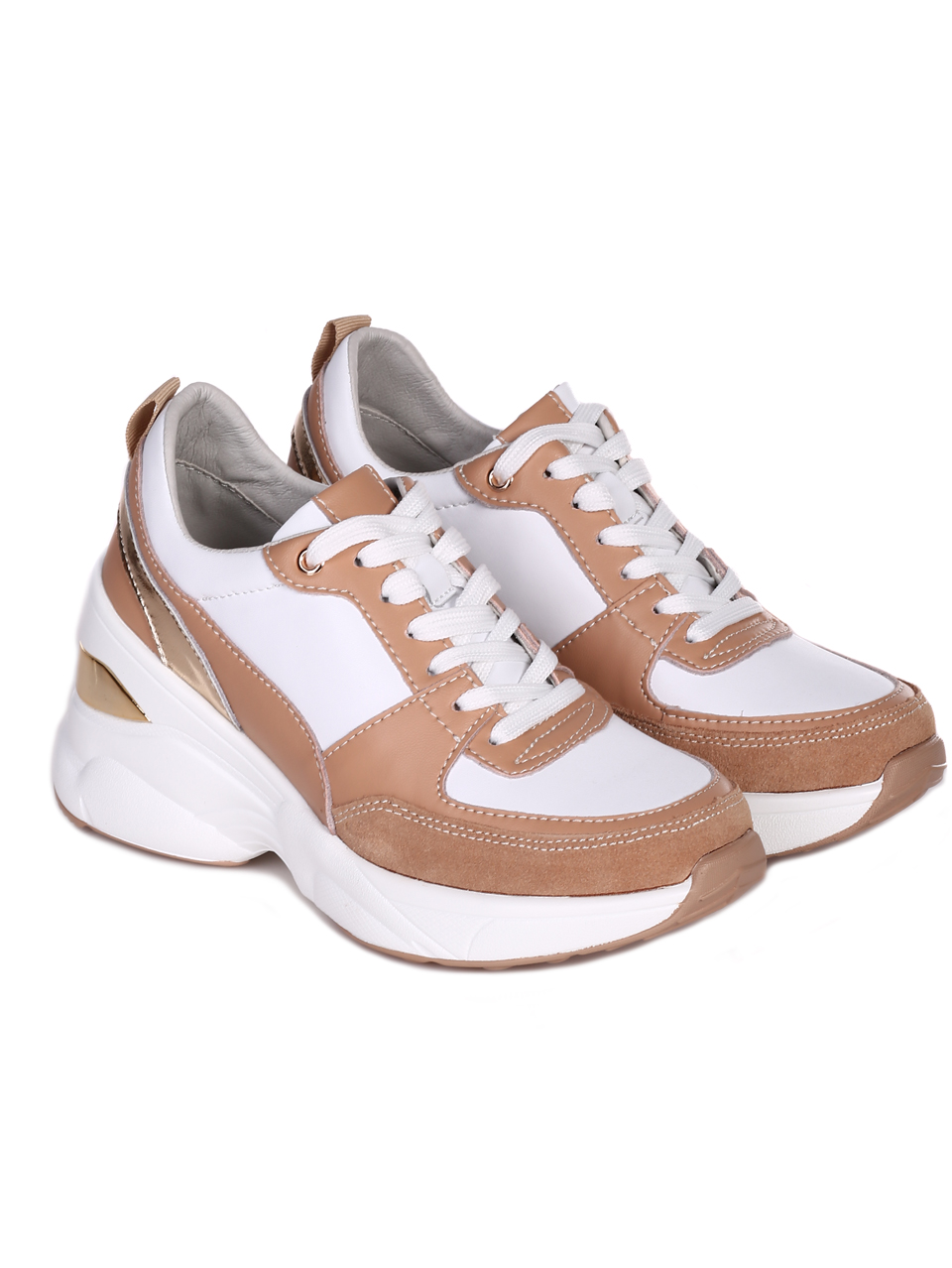 Ежедневни дамски обувки на платформа от естествена кожа и велур 3AF-23183 white/beige