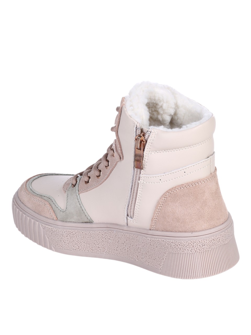 Ежедневни дамски боти от естествена кожа и велур в бежово 2AF-24651 beige