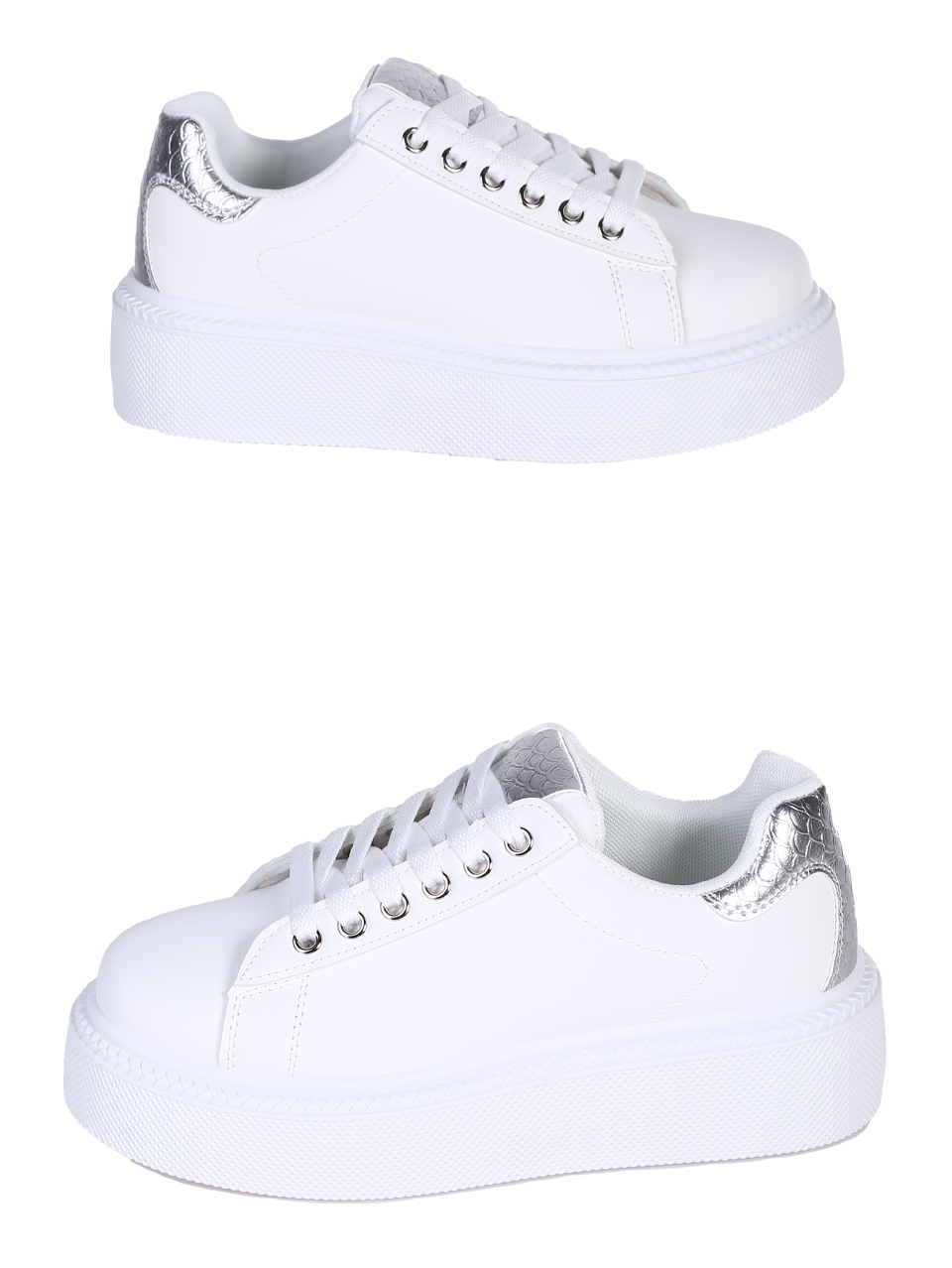 Ежедневни дамски обувки, тип кец, в бял/сребрист цвят 3U-25111 white/silver