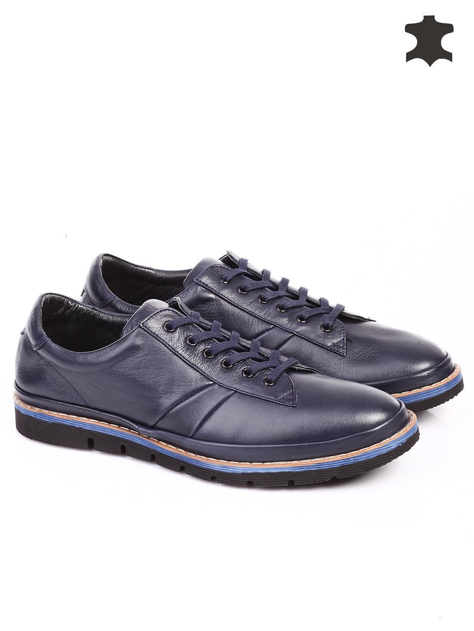 Ежедневни мъжки обувки от естествена кожа в синьо 7AT-15814 navy